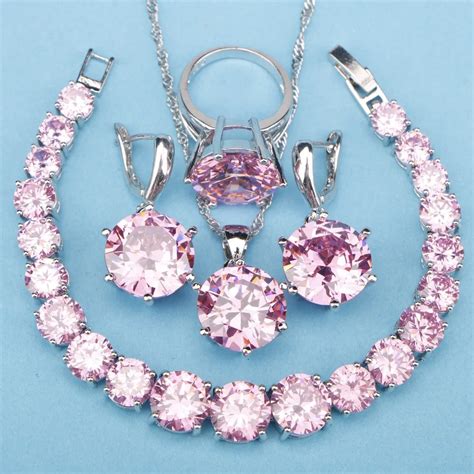 Temptation Top Pink Cubic Zirconia 925 Sterling Silver Gift Jewelry Sets For Women Earrings ...