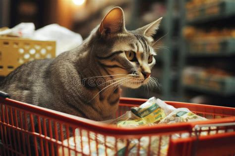 Cute Cat Sitting in a Shopping Cart with Its Food at Supermarket. Generative AI Stock ...