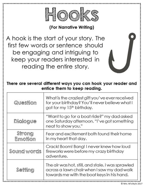 Narrative Writing Hooks Anchor Chart | Writing instruction, Essay writing skills, Elementary writing