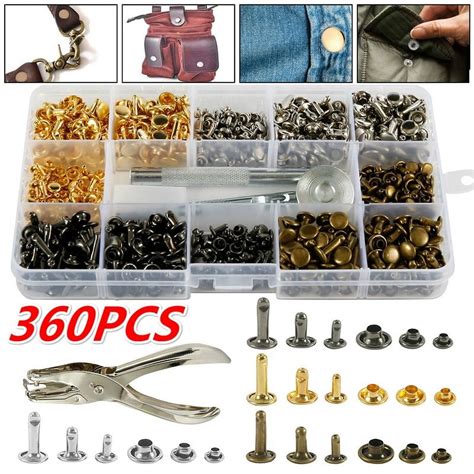 360Pcs Leather Rivets Double Cap Rivet Tubular Metal Studs 2 Sizes with Punch Pliers Tool Kit ...