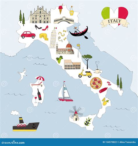 Italy Travel Map with Landmarks and Symbols Stock Vector - Illustration ...