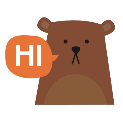 a brown bear holding an orange speech bubble with the letter h in it's mouth