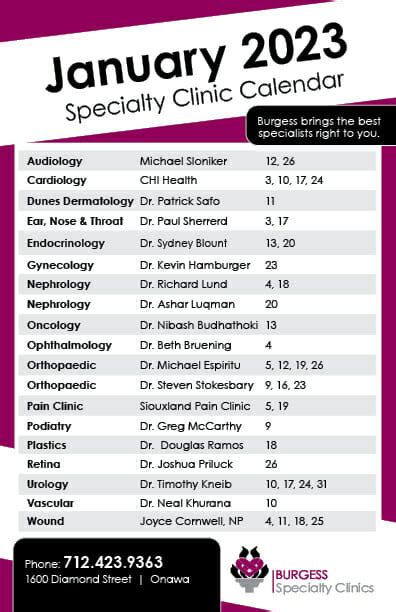 Clinic calendar January 2023 - Burgess Health Center