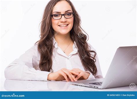 Business Woman With Glasses Using Laptop Computer Pc. Stock Image ...