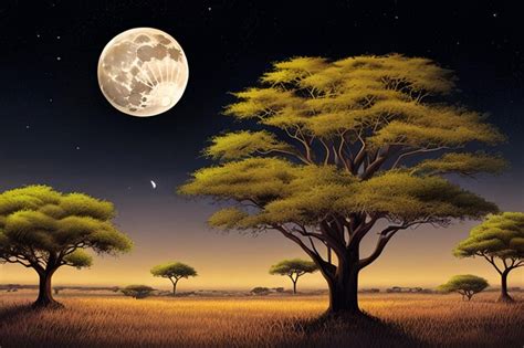 Premium AI Image | savannah landscape with acacia trees at night