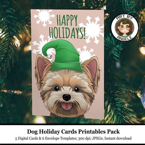 Dog CHRISTMAS Printable Cards, set of 5, PRINTABLE envelope, instant download, Christmas card ...