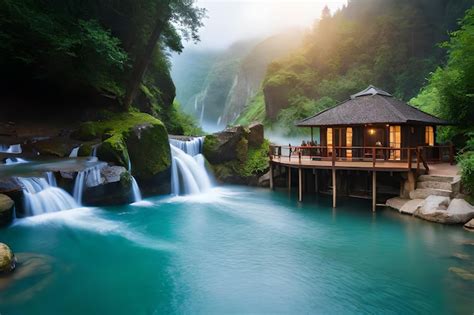 Premium AI Image | a cabin by the waterfall