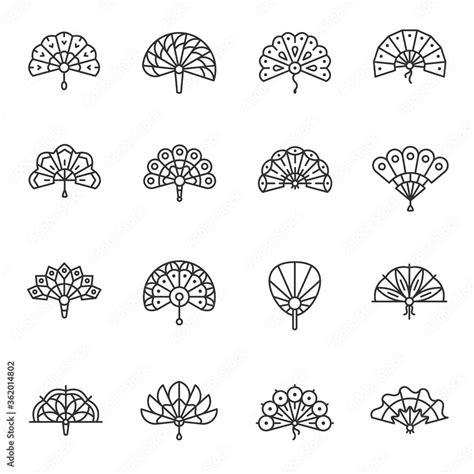 Oriental fans, icon set. Hand fan, various shapes, linear icons. Line with editable stroke Stock ...