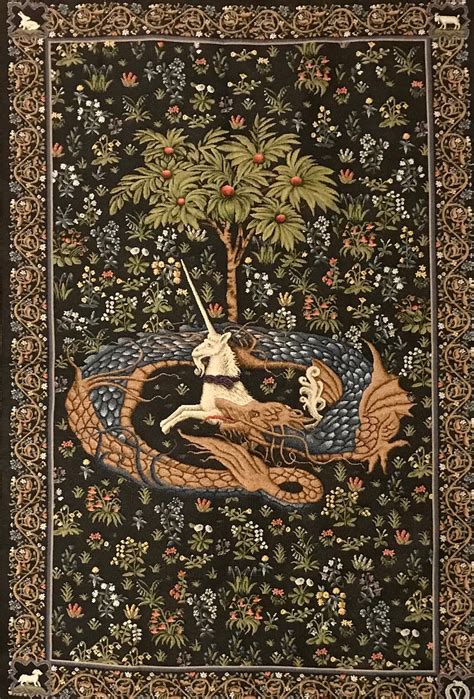 Medieval Tapestry Wall Hanging Unicorn in Captivity Captured Surrounded by Snake Serpent Dragon ...