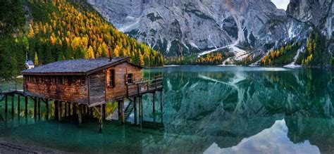 nature landscape lake mountain cabin chapel forest fall italy alps turquoise water reflection ...