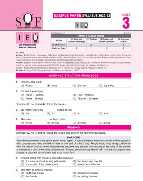 IEO English Olympiad sample papers for Class 3 | Olympiad tester