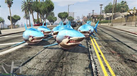 GTA 5 Hungry Shark World Great White MOD - Sharks walk on Land All ...