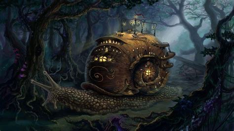 fantasy Art, Digital Art, Forest, Trees, House, Ladders, Street Light, Lights, Snail Wallpapers ...