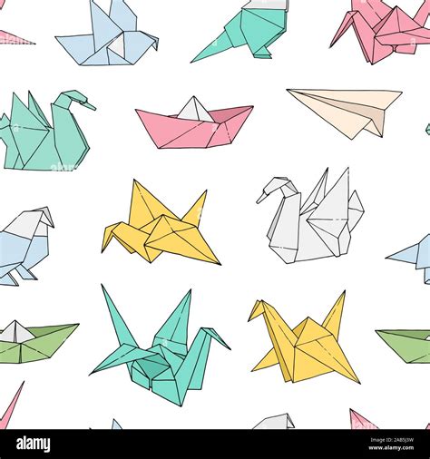 Origami shapes vector seamless pattern, hand drawn folder paper japan ...