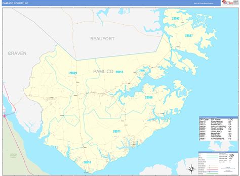 Pamlico County, NC Zip Code Wall Map Basic Style by MarketMAPS - MapSales