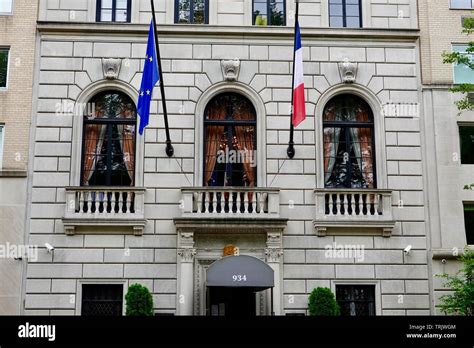 European Union and French flag fly in front of the Consulat Général de France, French Consulate ...