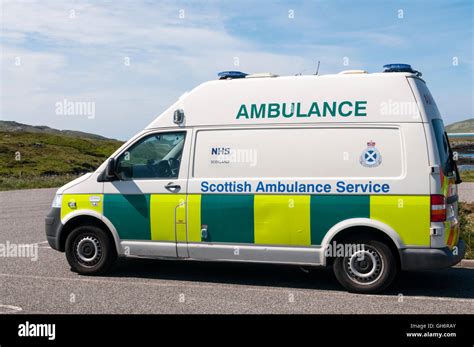 A NHS Scotland ambulance of the Scottish Ambulance Service on the island of Barra in the Outer ...