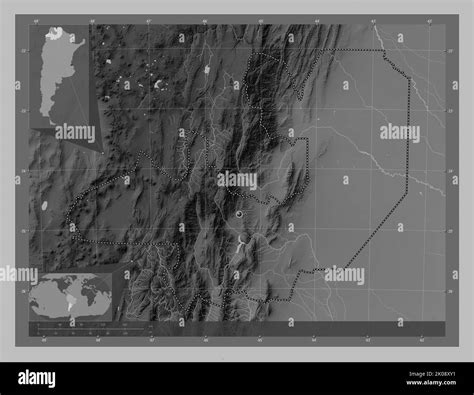 Salta, province of Argentina. Grayscale elevation map with lakes and rivers. Corner auxiliary ...