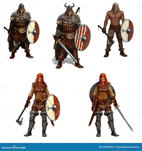 Big Set of Viking Warriors with Shields and Swords and Axes Isolated Realistic Illustration ...