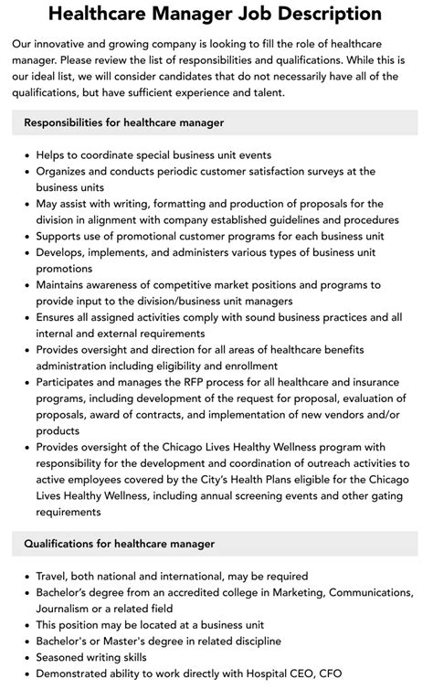 Healthcare Manager Job Description | Velvet Jobs