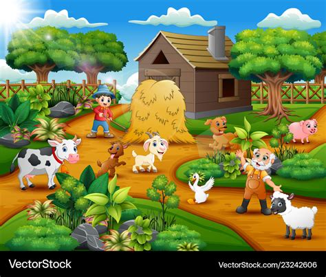 Happy farming activities on farms with animals Vector Image