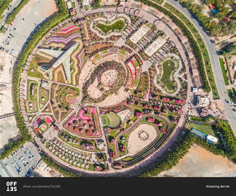 Aerial view of The unusual colorful Dubai Miracle Garden, United Arab Emirates. stock photo - OFFSET