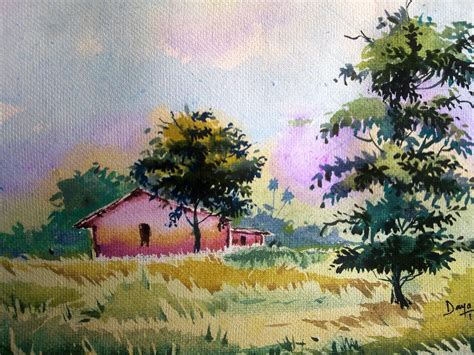 Watercolor Painting of a Village Scene - Desi Painters