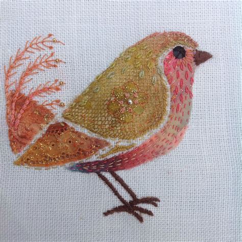 Hand Stitched Bird with Dyed Lace Scraps