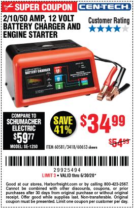 CEN-TECH 12V Manual Charger With Engine Start for $34.99 – Harbor Freight Coupons