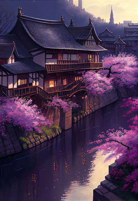 Japanese Water Town Art Print - Lilac Flowers - Housewarming Gift Idea ...