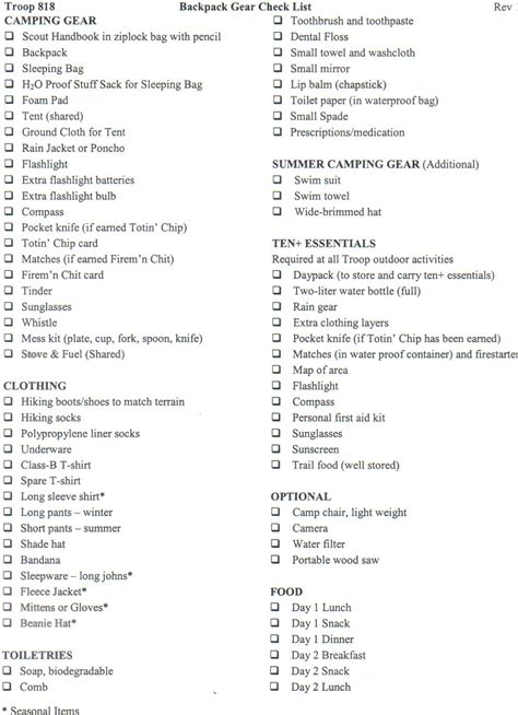 Bsa Summer Camp Packing List Printable