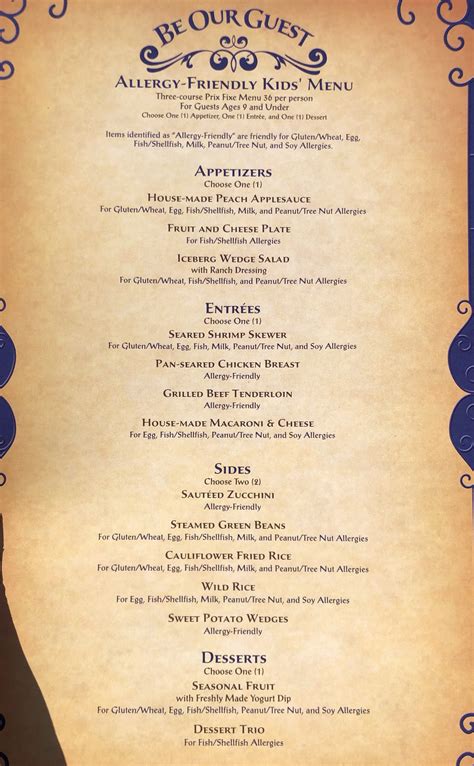 Be Our Guest Restaurant Allergy-Friendly Lunch and Dinner Menu — Gluten Free & Dairy Free at WDW