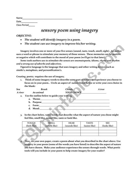 Imagery Worksheet Middle School