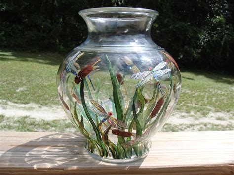 Handpainted Large glass flower vase with dragonflies