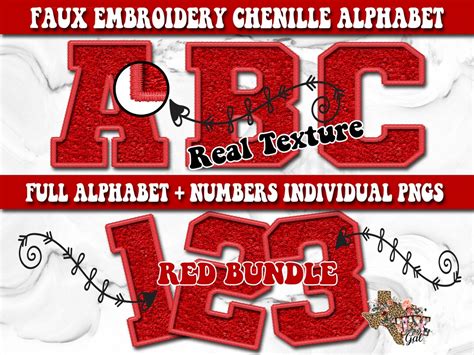 Faux Embroidered Chenille Alphabet Set, Red Chenille Embroidered Varsity Patch Letters PNG ...