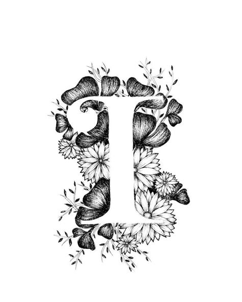 Letter I Print Alphabet, Calligraphy, Typography, Monogram, Flowers Black and White Ink Art ...