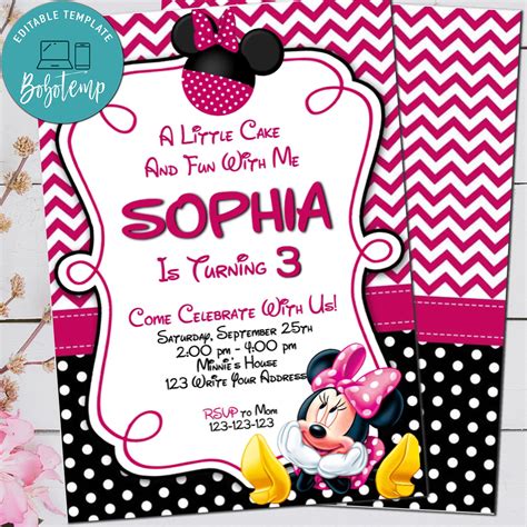 Editable Pink Minnie Mouse Birthday Invitation Digital File | Bobotemp