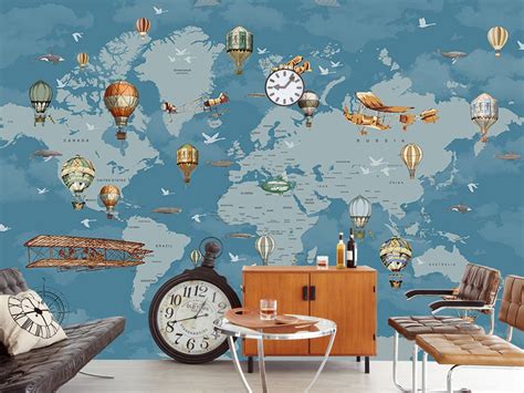 Cartoon World Map Wallpaper, Animals Cartoon Map Wall Mural, Hot-air Balloon and Airplane Wall ...