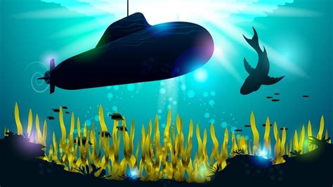 submarine and big shark underwater 3463893 Vector Art at Vecteezy