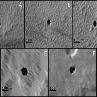 Seven cave candidates around Tharsis Montes on Mars (A~G). Using ...