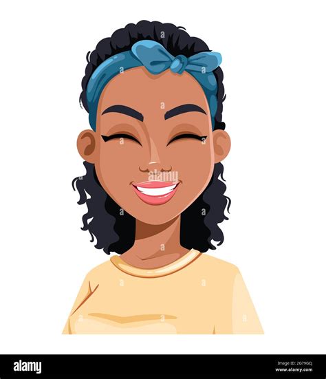 Face expression of African American woman, laughing. Female emotion. Cute cartoon character in ...