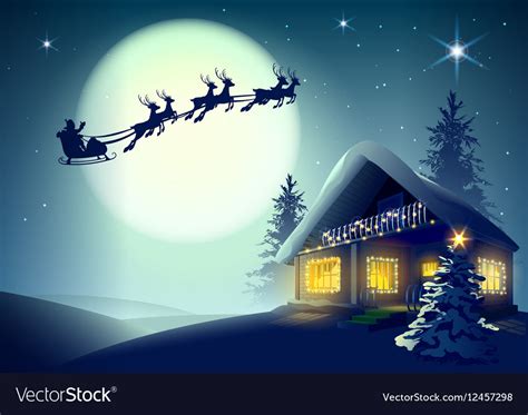 Silhouette santa claus and reindeer flying over Vector Image