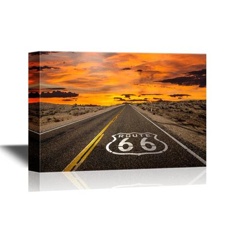 wall26 Canvas Wall Art - Route 66 with Orange Sky - Gallery Wrap Modern ...