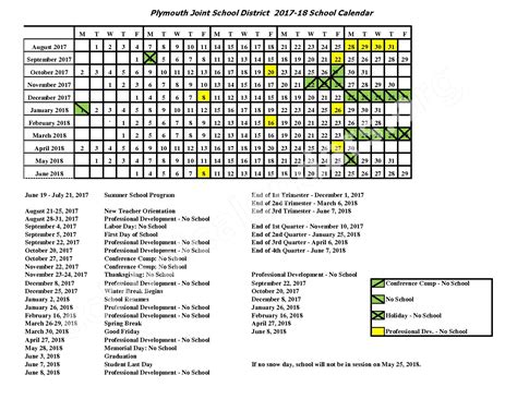 2017 - 2018 School Calendar | Plymouth Joint School District – Plymouth, WI