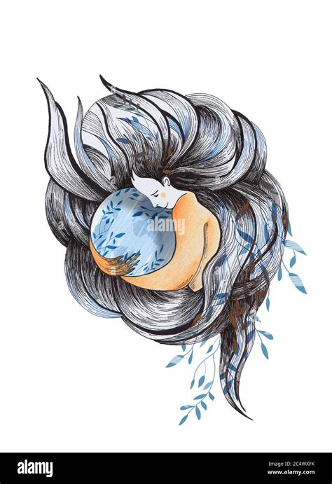 Girl with lineal hairs embraced the blue planet earth on an isolated white background:ink,hand ...