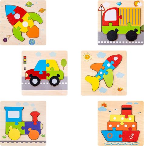 6 PackJigsaw Puzzles for Kids 2-4,Wooden Toddlers Puzzles - Vehicle ...