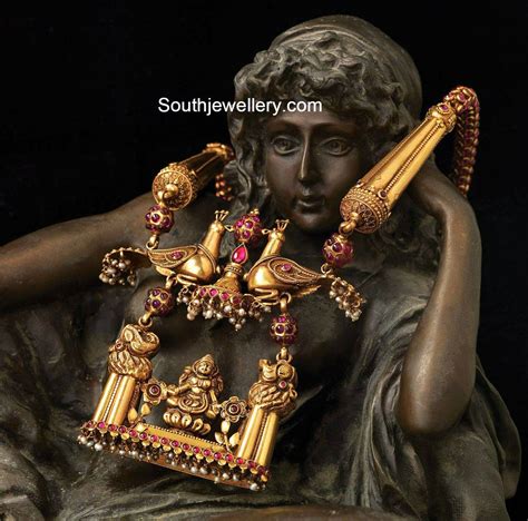antique gold necklace with peacock and lakshmi pendant Fancy Necklace, Ruby Necklace, Antique ...
