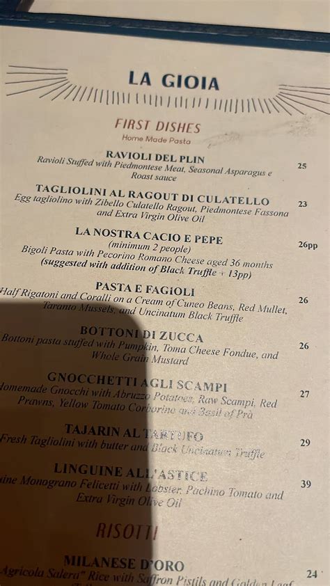 Menu at La Gioia restaurant, Milan