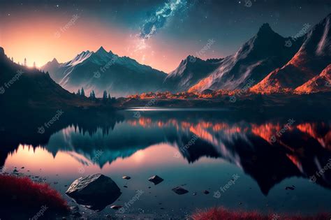 Premium Photo | Night sky stars over mountain lake illustration nature background of beautiful ...