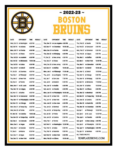 Printable 2022-2023 Boston Bruins Schedule